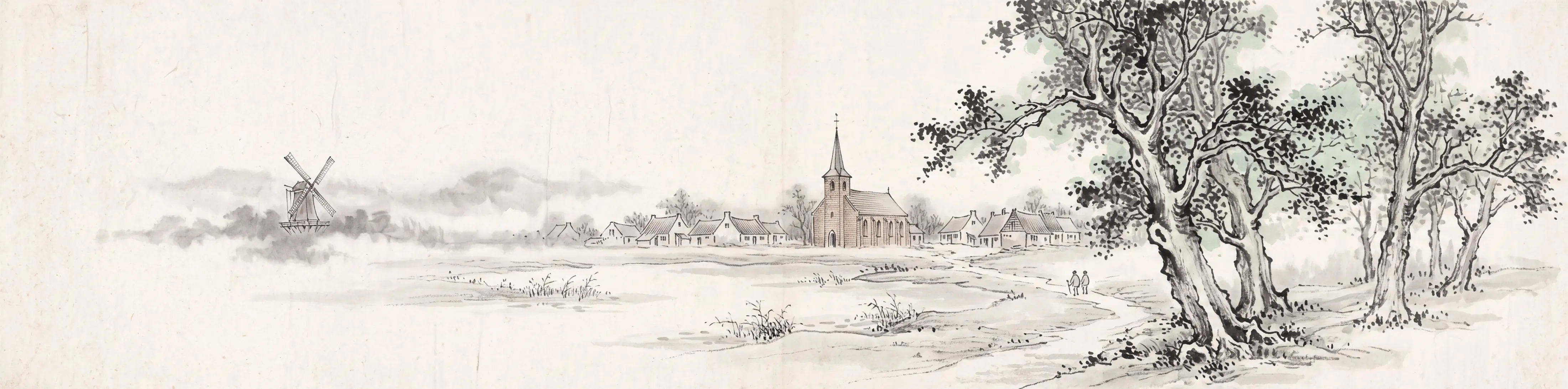 Inktschildering van een Brabants dorp met park, kerk en molen
